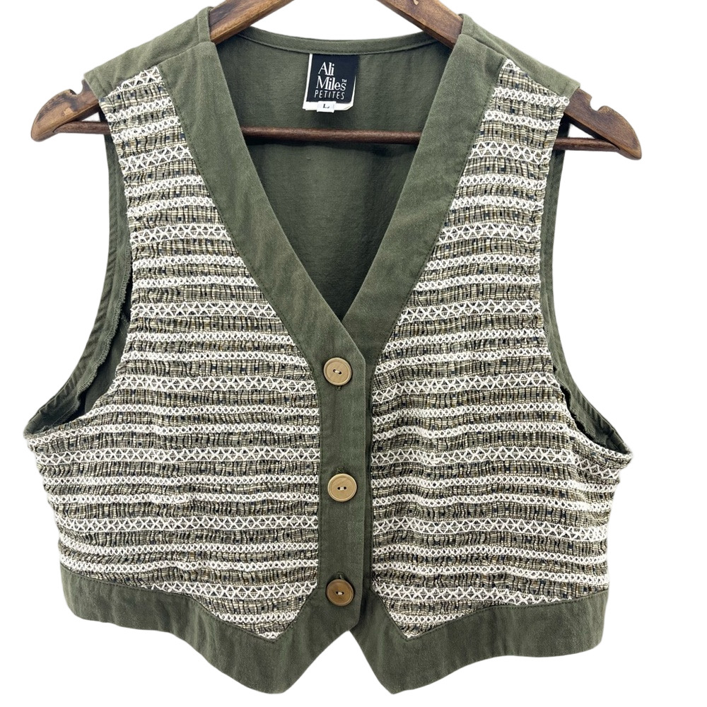 Vintage Ali Miles Olive Green and Beige Button-Up Woven Vest Fisherman Large